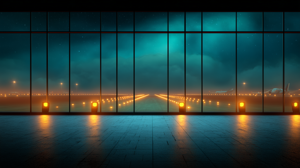 Aerial panorama of Boston Logan Airport at golden hour